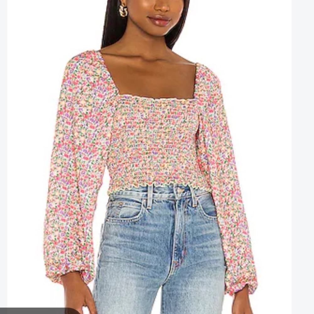 RESA Chevy Smocked Square Neck Floral Top XS Pink Long Sleeves Charleston